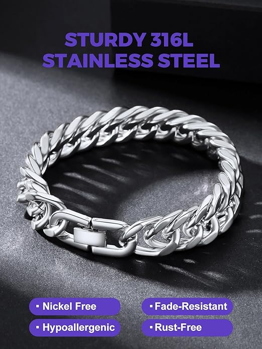 Richsteel Cuban Link Chain Bracelets 8/12/17mm Width Stainless Steel Chain Wrist Bracelets for Men, 7.4/8.2/9 Inch Length Classic Jewelry for Christmas/Valentine's Day/Birthday