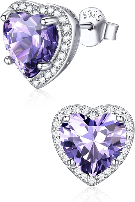 ChicSilver 925 Sterling Silver Birthstone Earrings for Women, 8MM/2 Carat Heart & Round Cubic Zirconia Stud Earrings, Hypoallergenic Jewelry, Ideal Birthday or Christmas Gifts