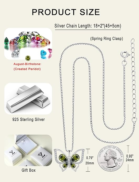 YL Women's Butterfly Necklace 925 Sterling Silver Flower Rose Pendant Birthstone Halo Jewelry