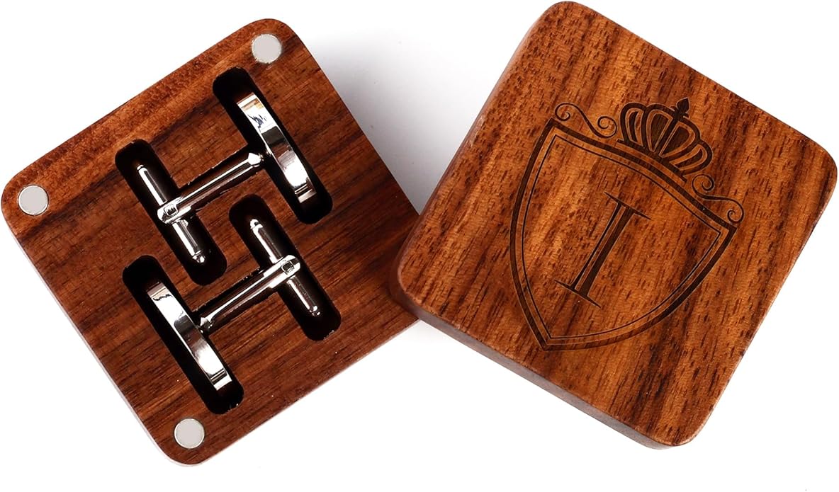 Mens Initial Silver Cufflinks A-Z Alphabet Letter Steel Cuff Links with Engraved Walnut Wood Box Groom Groomsman Wedding Set…