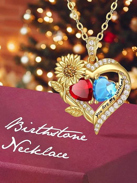 Sunflower Heart Necklace for Women 14K Gold Exquisite Anniversary Birthday Gifts for Wife Mother Her Double Birthstone Pendant jewelry‘You Are My Sunshine’