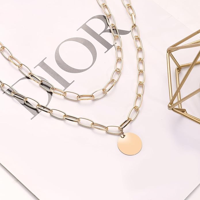Layered Round Pendant Necklace Gold Plated Dainty Multilayer Choker Layering for Women Necklaces Stylish Minimalist Pendants Simple Chain Stacked Necklace Jewelry Gifts