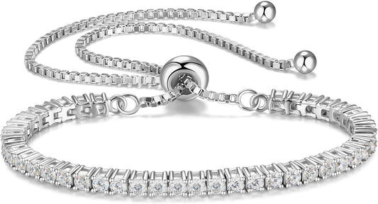FANCIME Moissanite Tennis Bracelet 1.2ct-12ct Lab Created Moissanite Diamond Bracelets,925 Sterling Silver Adjustable Bolo Tennis Bracelets, 2/3/4/5mm D Color VVS1 Round Cut Moissanite Bracelet for Women