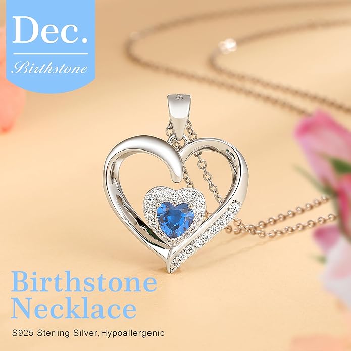 GLIVEOR Heart Birthstone Necklace for Women,S925 Sterling Silver Necklace Birthstone Necklace Heart Necklace for Women Birthday Jewelry Gifts for Women