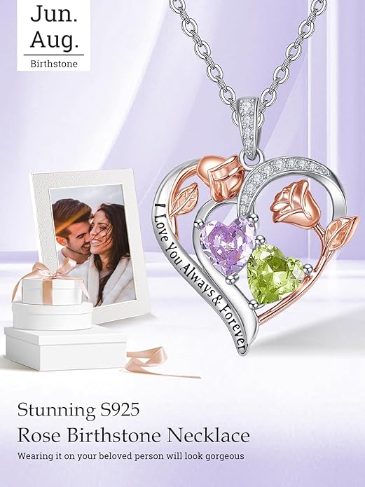 Zeuslia Double Birthstone Necklace Gifts for Wife - 925 Sterling Silver Sunflower/Rose/Crown Cross/Compass/Heart Pendant I Love You Necklace, Anniversary Birthday Gifts for Wife Girlfriend Mom Her