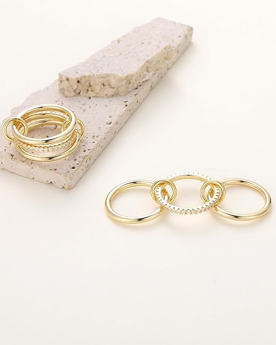 Gold Stackable Rings for Women, Non Tarnish 14K Gold Plated Cubic Zirconia Mixed Metals Stacking Connected Rings Set Jewelry Gifts