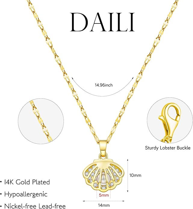 Shell Necklace for Women,14k Gold Plated Layered Starfish Conch SeaShell Pearl Pendant Charm Necklace,Non Tarnish Adjustable Stainless Steel Chain Stack Jewerly for Summer Beach Vacation