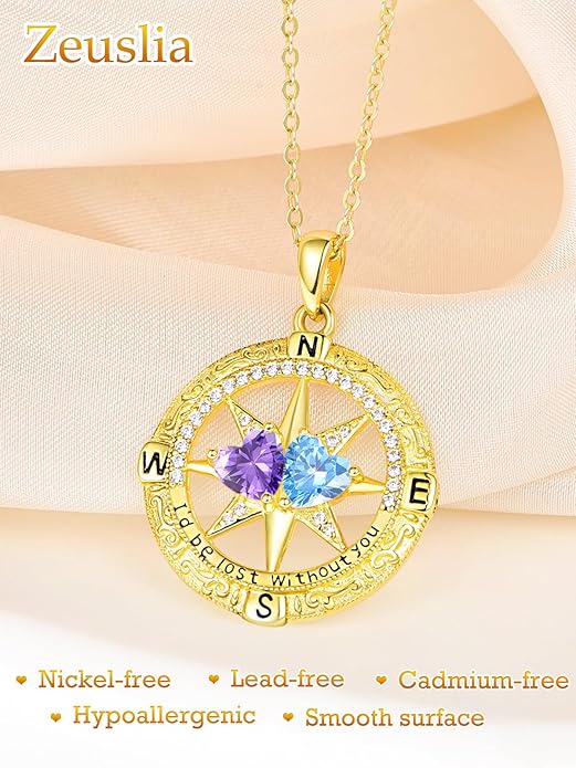 Zeuslia Double Birthstone Necklace Gifts for Wife - 925 Sterling Silver Sunflower/Rose/Crown Cross/Compass/Heart Pendant I Love You Necklace, Anniversary Birthday Gifts for Wife Girlfriend Mom Her