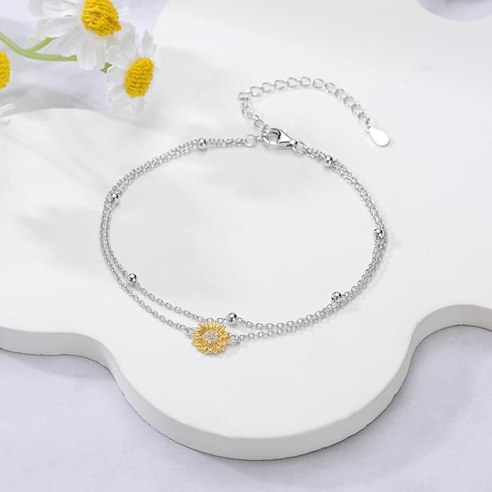 Diamond Sunflower Bracelet 925 Sterling Silver Sunflower Bracelet Gift for Women Mom Wife,7"+2"