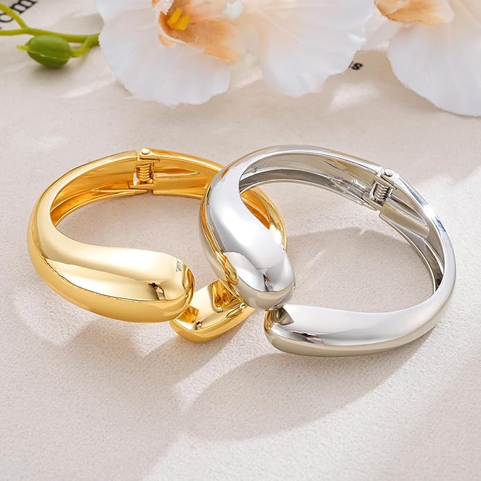 Gold Silver Bangles Bracelet for Women Trendy, 14K Gold Plated Dainty Thick Chunky Cuff Bracelet Stack