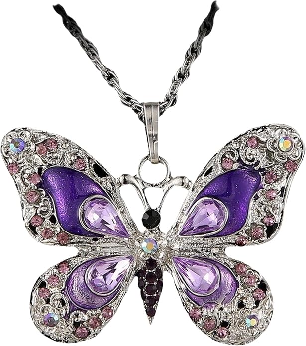 Vintage Multicolor Butterfly Necklace Bohemian Multicolor Enamel Butterfly Necklace Rhinestone Butterfly Pendant Necklace Chain Enamel Ethnic Costume Jewelry for Women