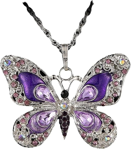 Vintage Multicolor Butterfly Necklace Bohemian Multicolor Enamel Butterfly Necklace Rhinestone Butterfly Pendant Necklace Chain Enamel Ethnic Costume Jewelry for Women