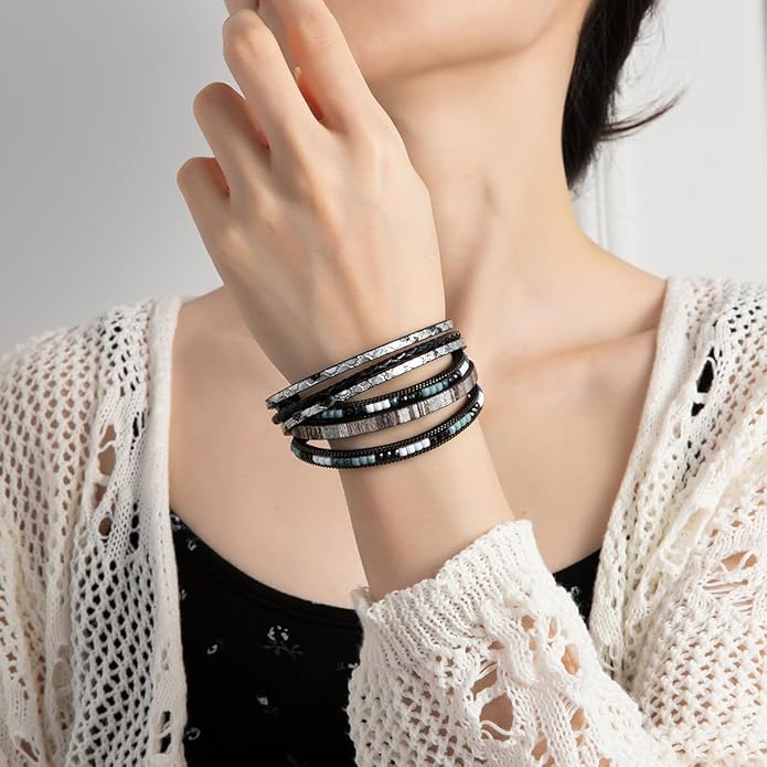 Rantanto Braid Leather Wrap Bracelet Trendy Stackable Crystal Cuff Boho Gold Heart Bracelet Jewelry Gift For Women
