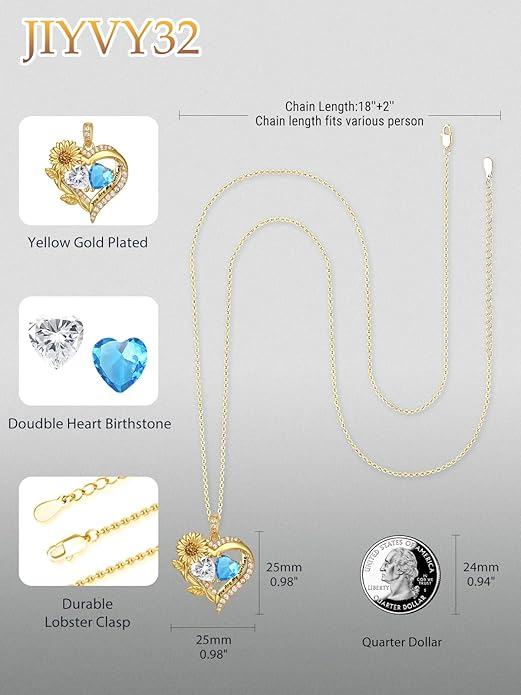 Sunflower Heart Necklace for Women 14K Gold Exquisite Anniversary Birthday Gifts for Wife Mother Her Double Birthstone Pendant jewelry‘You Are My Sunshine’