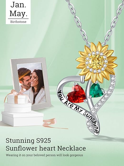 Zeuslia Double Birthstone Necklace Gifts for Wife - 925 Sterling Silver Sunflower/Rose/Crown Cross/Compass/Heart Pendant I Love You Necklace, Anniversary Birthday Gifts for Wife Girlfriend Mom Her