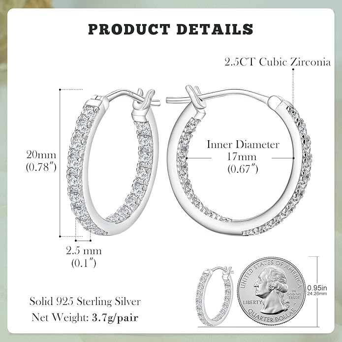 Yellow Gold Plated/925 Sterling Silver Sparkle Cubic Zirconia Hoop Earrings for Women fit Sensitive Ears 14mm/20mm/26mm Huggie/Medium/Large Hoops(with Gift Box)