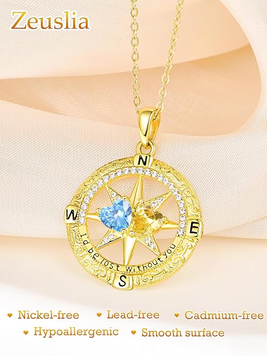 Zeuslia Double Birthstone Necklace Gifts for Wife - 925 Sterling Silver Sunflower/Rose/Crown Cross/Compass/Heart Pendant I Love You Necklace, Anniversary Birthday Gifts for Wife Girlfriend Mom Her