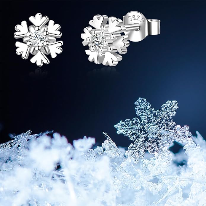 Small Snowflake Earrings Small Snowflake Necklace 925 Sterling Silver Hypoallergenic CZ Winter Party Chrismas Jewelry Gifts for Women
