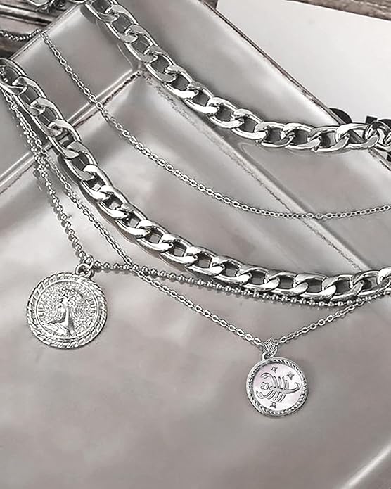 MJartoria Layered Necklaces for Women Trendy Retro Coin Pendant Necklace Dainty Chunky Chain Choker Necklaces for Jewelry Birthday Gifts