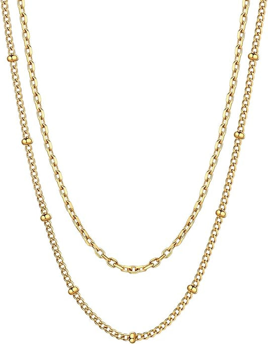 AILPIWE Layered Gold Necklaces for Women, 18K Gold Plated Dainty Paperclip Box Cuban Satellite Chain Necklace Set, Simple Gold Necklace Stack for Women