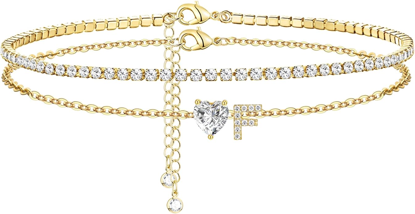 Gold Initial Ankle Bracelets for Women 14K Gold Plated CZ heart Tennis Anklets for Women Waterproof Layered Adjustable Letter Anklets Large Ankle Summer Beach Foot Jewelry