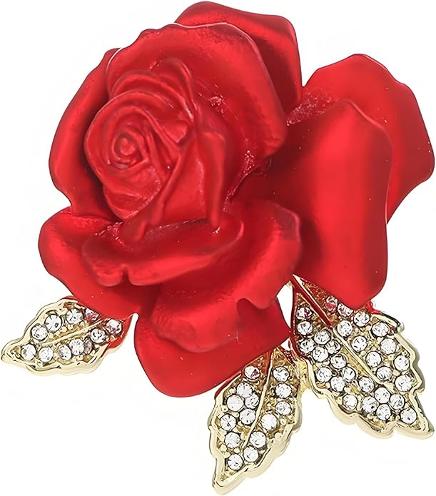 QLUYCKW Rose Flower Brooch Pin for Women Fashion Dainty Gold Plated 3D Red Roses Floral Crystal Brooch Pin Birthday Dress Suit Accessories Jewelry