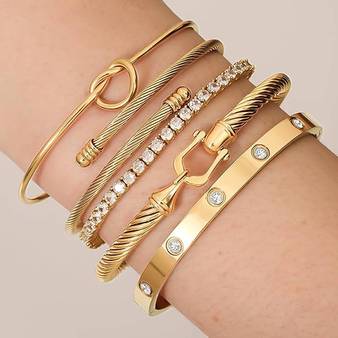 FAFUGA 18 K Gold Plated Love Bangle Bracelet Stack Cuff Jewelry for Women Jewelry Set for Women Gift with Box