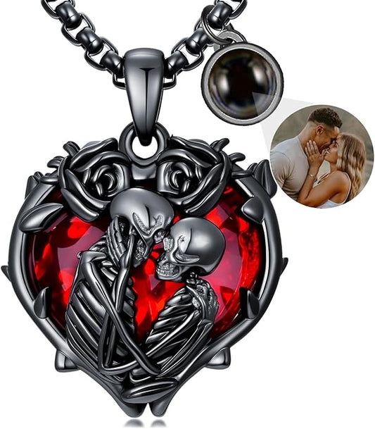 Flpruy 925 Sterling Silver Black Gothic Jewelry Gifts Skeleton Couple Pendant Crystal Birthstone Heart Necklace Punk Romantic Jewelry for Lover Men Women