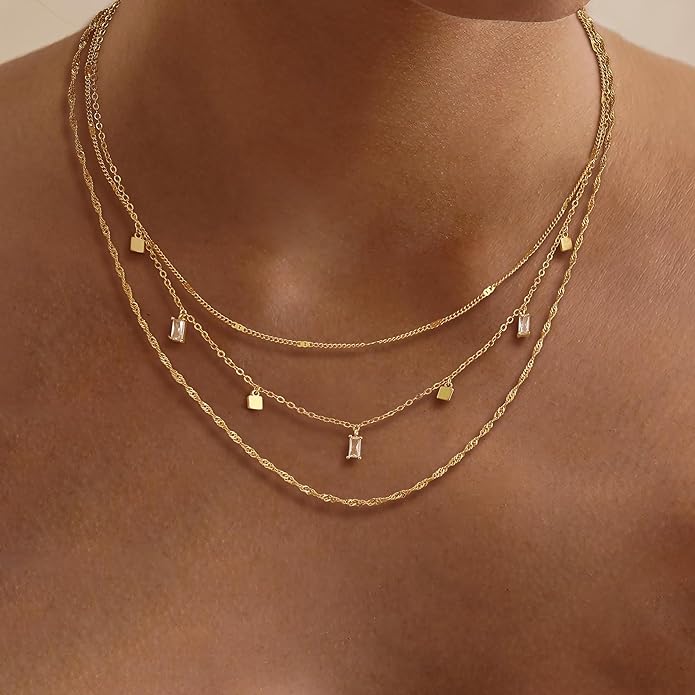 Layered Necklaces for Women, Dainty Gold Necklace Stack 14k Gold Plated Layering Cubic Zirconia Choker Necklaces for Women Trendy Simple Layered Gold Necklace Set Fashion Jewelry