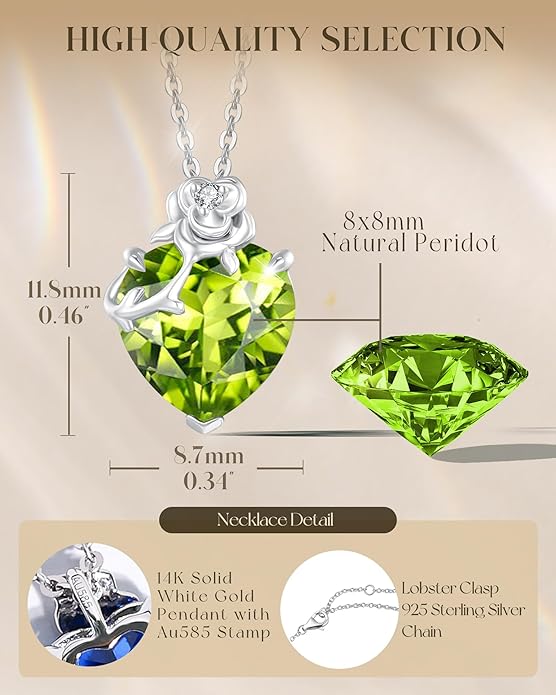 FANCIME 14K Solid White Gold Rose Pendant with Sterling Silver Chain Heart Birthstone Gemstone Fine Jewelry Christmas Gifts for Women Her