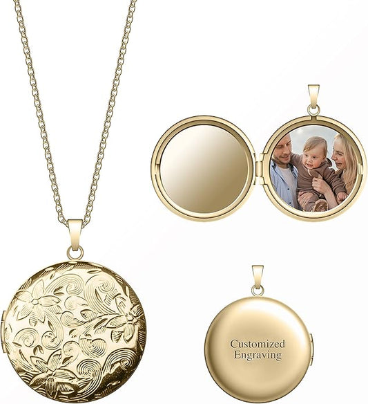 Locket Necklace for Women Girls, 18” Jewelry Chain, Picture Photo Inside, Cadenas para mujer, Personalized Custom Name Gold Locket, Customized Couples Locket, Silver, Rose Gold, Gold