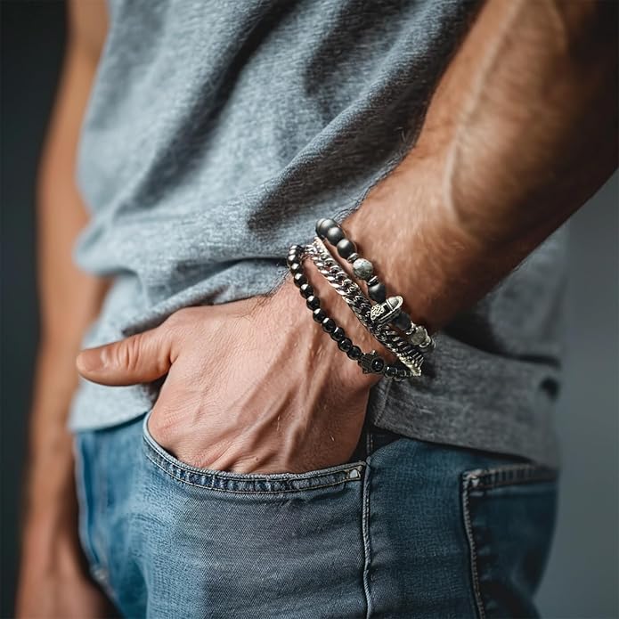 3pc Mens Beaded Bracelets Silver Stainless Steel Chain Bracelet for Men Handmade Braided Bracelet Sets Jewelry Gifts for Men