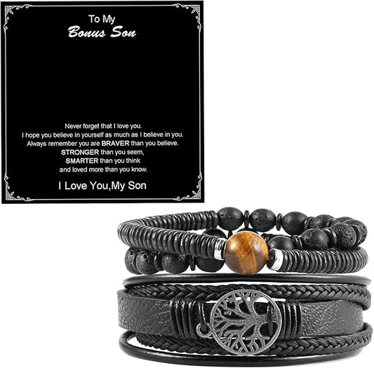 HZMAN Genuine Leather Tree of life Bracelets Men Women, Tiger Eye Natural Stone Lava Rock Beads Ethnic Tribal Elastic Bracelets Wristbands