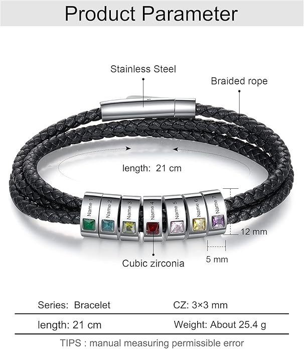 kaululu Custom Leather Bracelet for Men with 1/2/3/4/5/6/7/8 Birthstones Engraved Stainless Steel Beads Personalized Names Bracelet for Father's Day Christmas Thanksgiving Gift for Men