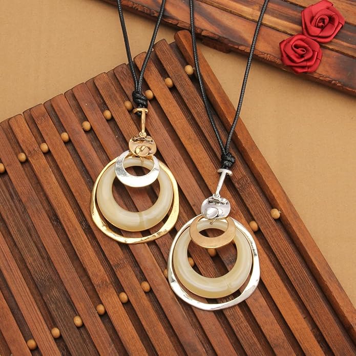 Long Boho Necklaces for Women Vintage Leather Wooden Pendant Y Choker Ethnic Style Gold Circle Hippie Sweater Necklace