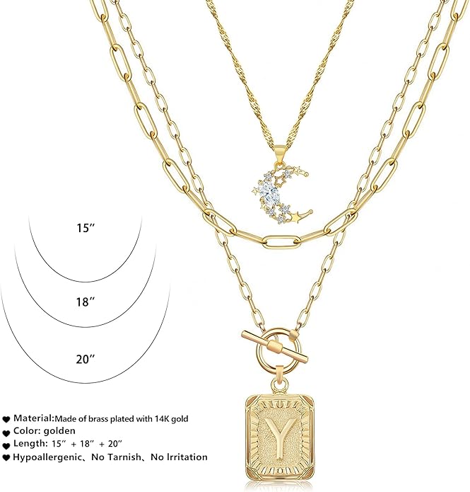 MJartoria Layered Initial Necklaces for Women Trendy, 14K Gold Plated Brass Simple Moon Choker Square Letter Pendant Necklace, Paperclip Chain Necklaces Jewelry Gifts