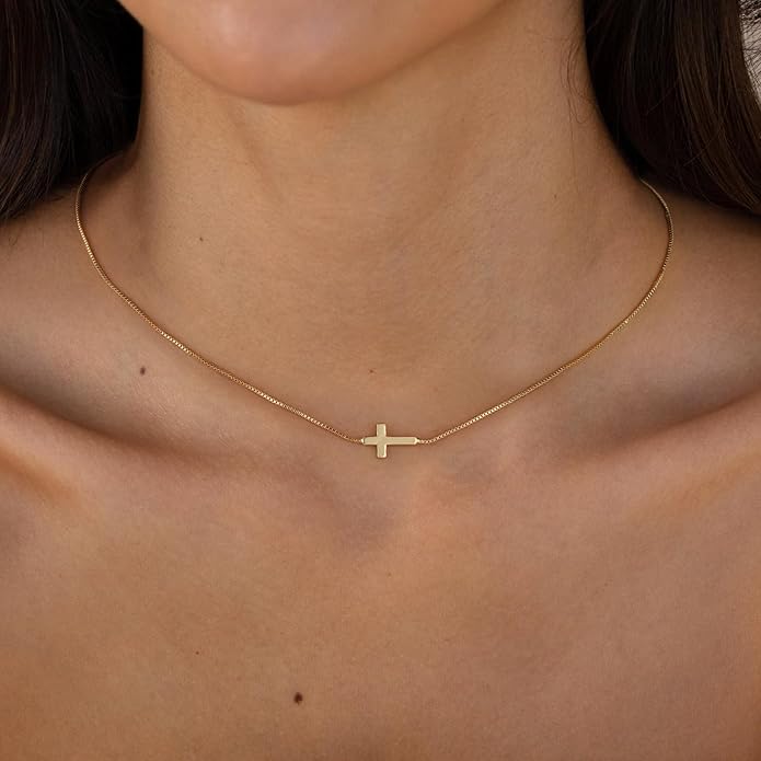 Cross Necklace for Women 14K Gold Silver Plated Dainty Small Cross Pendant Choker Simple Trendy Cute Cross Charm Chain Necklace Easter Basket Stuffers Baptism Religious Faith Jewelry Gift