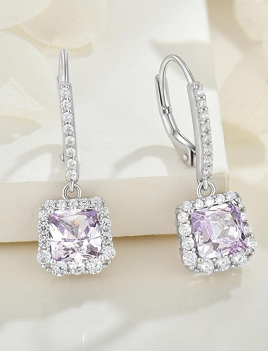 Square Dangle Drop Earrings Sterling Silver Halo Leverback Earrings Birthstone Jewelry for Women