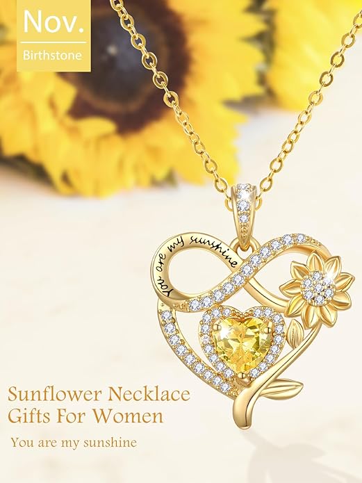 14K Gold Sunflower Heart Necklace for Women, You Are My Sunshine Jewelry with Birthstone Pendant, Anniversary Birthday Gifts for Her Wife Mom Grandma Daughter