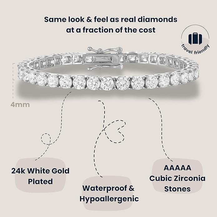 KISPER Tennis Bracelet for Women - 24K White Gold or Gold Plated Round Cut AAAAA CZ, 3mm/4mm Width, Elegant Jewelry Gift, 6.5/7/7.5 Inch