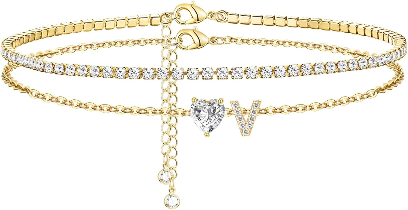 Gold Initial Ankle Bracelets for Women 14K Gold Plated CZ heart Tennis Anklets for Women Waterproof Layered Adjustable Letter Anklets Large Ankle Summer Beach Foot Jewelry