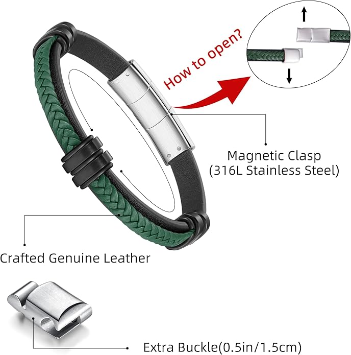 Leather Bracelet for Men with Adjustable Stainless Steel Magnetic Clasp Multi-Layer Braided Mens Leather Bracelet