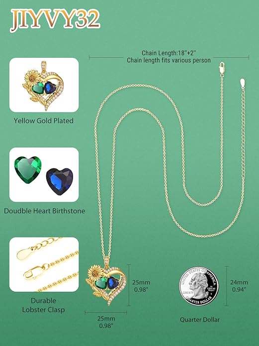 Sunflower Heart Necklace for Women 14K Gold Exquisite Anniversary Birthday Gifts for Wife Mother Her Double Birthstone Pendant jewelry‘You Are My Sunshine’