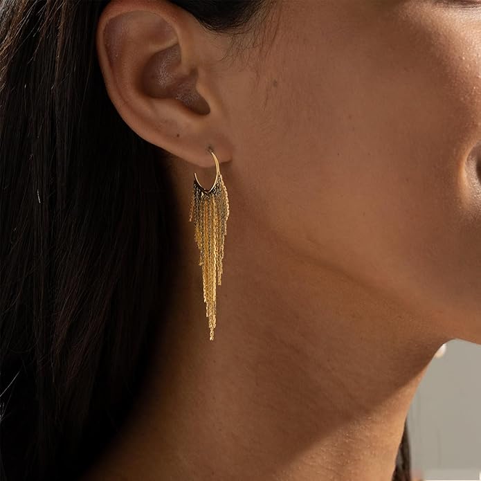 Gold Earrings for Women, 14K Gold Plated Tassel Dangle Earrings for Women Trendy Hypoallergenic Long Chain Earring Dainty Pearl Drop Earrings Elegant Wedding Earring Fashion Jewelry for Womens