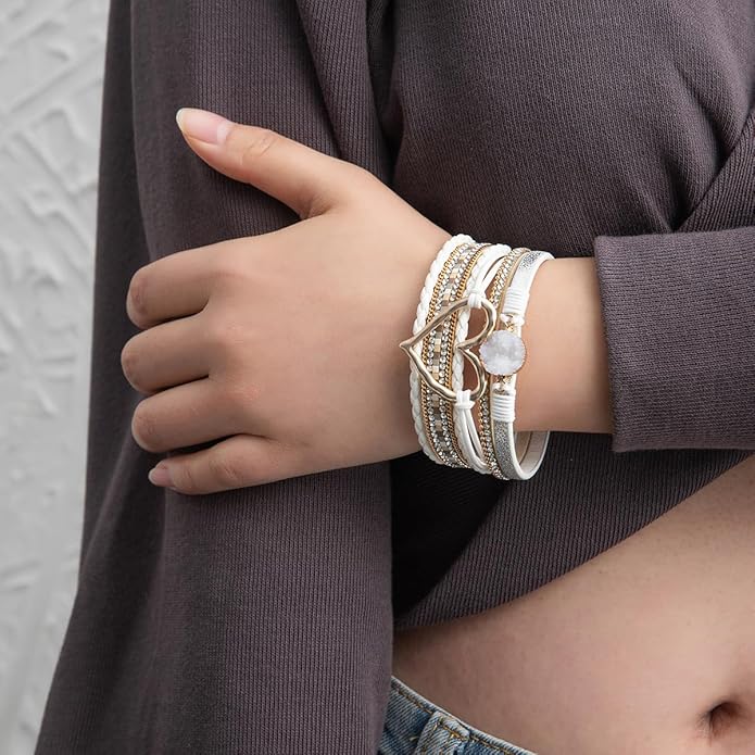 Rantanto Braid Leather Wrap Bracelet Trendy Stackable Crystal Cuff Boho Gold Heart Bracelet Jewelry Gift For Women