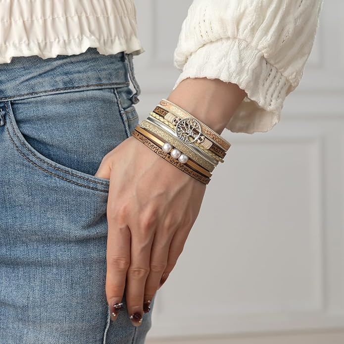 Rantanto Braid Leather Wrap Bracelet Trendy Stackable Crystal Cuff Boho Gold Heart Bracelet Jewelry Gift For Women