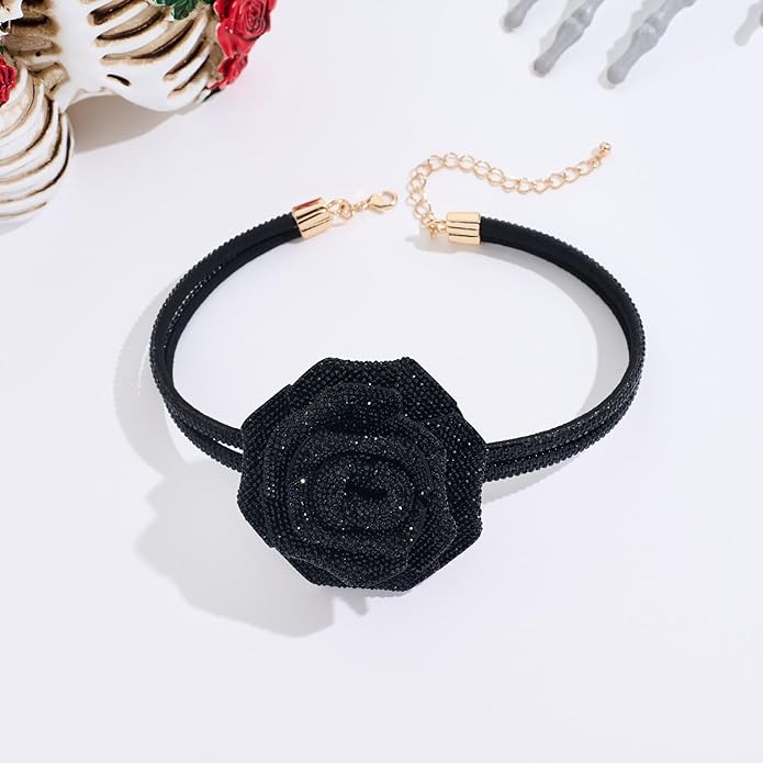 Rose Choker Necklace for Women Gothic Floral Crystal Rhinestone Collar Necklace Short Chain Statement Choker Wedding Party Costume Jewelry Gift for Her