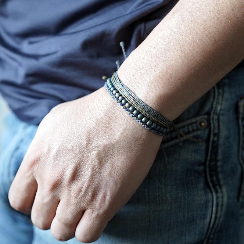 Handmade Natural Stone Beaded Healing Bracelet Gift for Men Adjustable Rope String Bracelet (Hematite/Reiki, Adjustable)