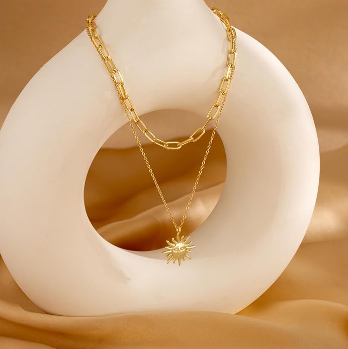 CHESKY Layered Necklaces for Women Trendy, Dainty 14k Gold Plated Pendant Necklace Layering Necklace for Women Non Tarnish Hypoallergenic Sun Gold Necklace Stack Gold Jewelry for Women Gifts