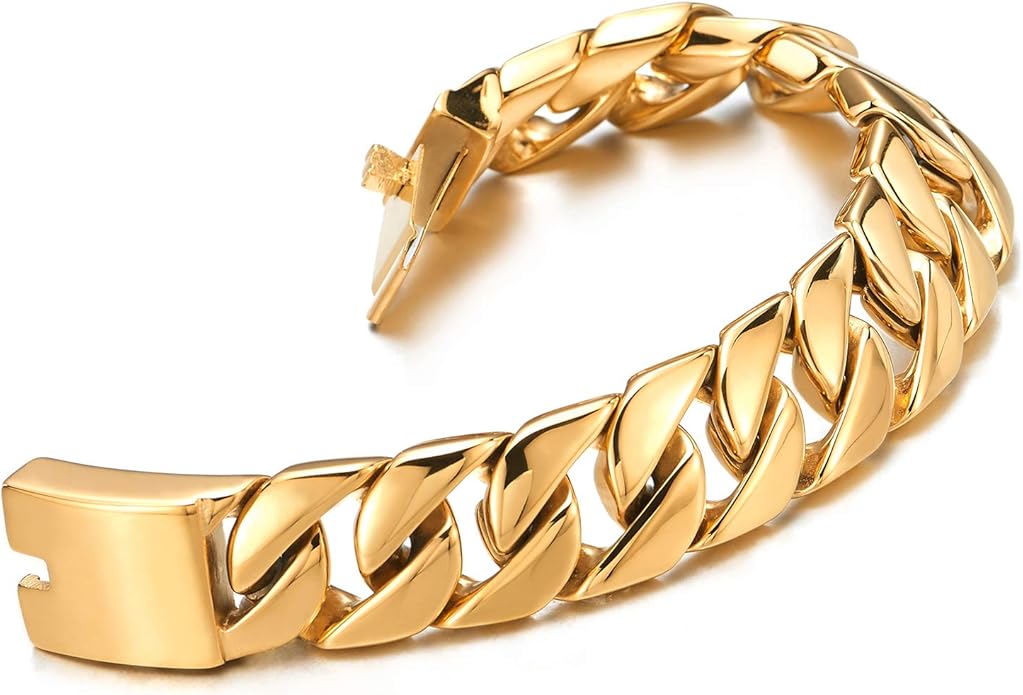 COOLSTEELANDBEYOND Mens Stainless Steel Large Curb Chain Link Bracelet Solid Curb Chain Wristband Biker Punk Jewelry Masculine Accessory